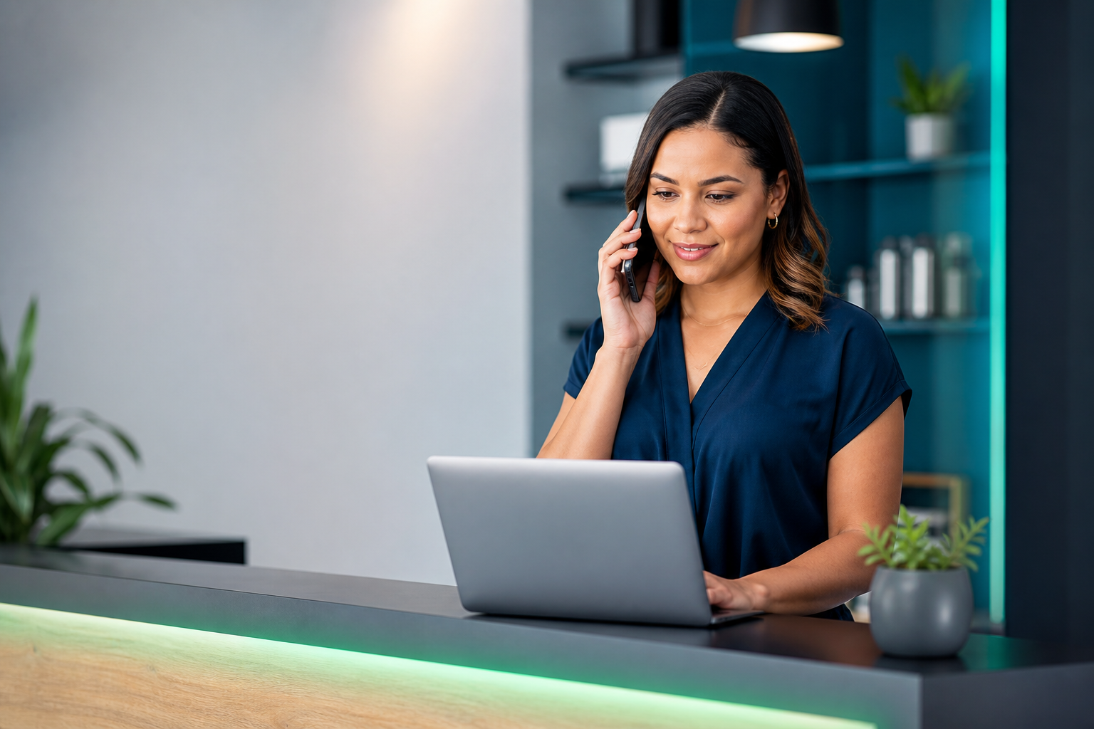 A local-business receptionist speaking with a caller while working at a laptop